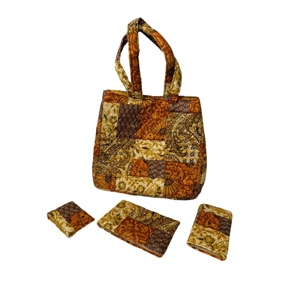 Daren's Bags Quilted Patchwork Tote Purse ‎ with Accessories Brown Yellow Orange